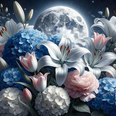 The primary subject of the image is a beautiful bouquet of flowers, predominantly pink and white, with some blue flowers mixed in. The flowers are arranged in a visually appealing manner, creating a sense of harmony and elegance. The setting is a nighttime scene, with a moon visible in the background, adding a sense of tranquility and serenity to the image. The visual style is a combination of photo and digital art, resulting in a vibrant and realistic representation of the flowers. The colors